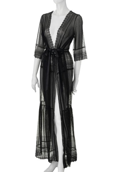 画像7: Estiqua peignoir | ガウン・シースルー・レース・ウエストリボン・ブラック   | 高級Sexyランジェリー Obsessive (7)