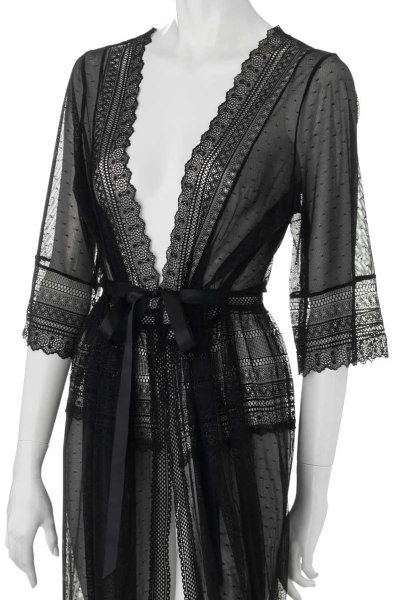 画像9: Estiqua peignoir | ガウン・シースルー・レース・ウエストリボン・ブラック   | 高級Sexyランジェリー Obsessive (9)