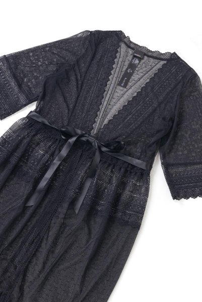 画像13: Estiqua peignoir | ガウン・シースルー・レース・ウエストリボン・ブラック   | 高級Sexyランジェリー Obsessive (13)
