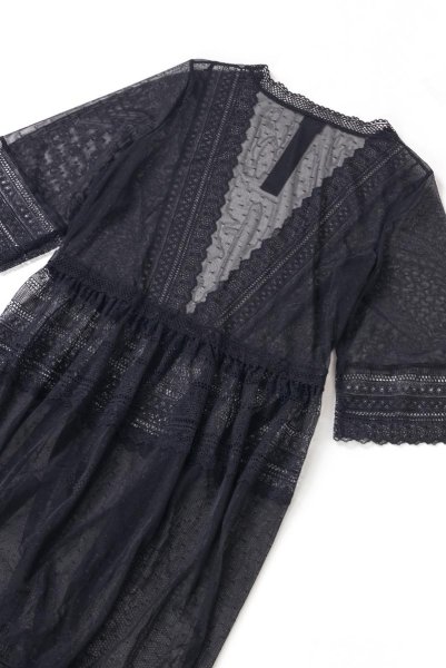 画像14: Estiqua peignoir | ガウン・シースルー・レース・ウエストリボン・ブラック   | 高級Sexyランジェリー Obsessive (14)