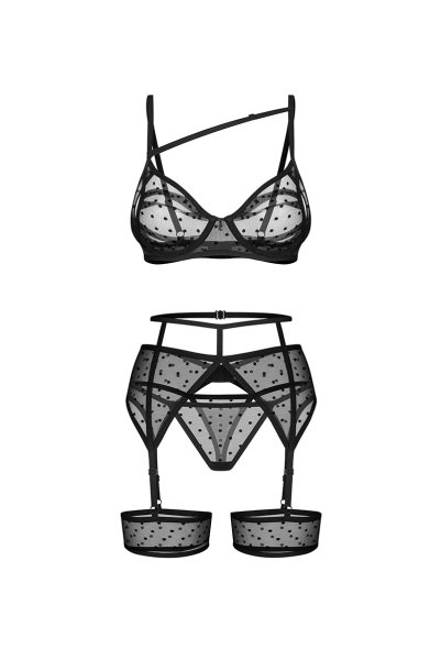 画像1: Nuites 3-pcs  set｜ブラ＆ガーターベルト＆タンガ3点セット（ワイヤーあり・ドット・シースルー・ブラック） | Obsessive 高級Sexyランジェリー【即日発送・サイズ交換NG・メール便対象】輸入下着・ランジェリー   (1)