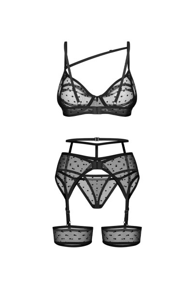 画像2: Nuites 3-pcs  set｜ブラ＆ガーターベルト＆タンガ3点セット（ワイヤーあり・ドット・シースルー・ブラック） | Obsessive 高級Sexyランジェリー【即日発送・サイズ交換NG・メール便対象】輸入下着・ランジェリー   (2)