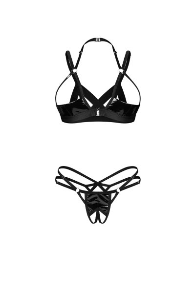 画像1: Keira Lise 2-pcs crotchless set｜ブラ＆クロッチレスタンガ2点セット（ワイヤーなし・オープンバスト・ボンテージ・フェイクレザー・ダブルストラップ・ブラック） | Obsessive 高級Sexyランジェリー【即日発送・サイズ交換NG・メール便対象】輸入下着・ランジェリー   (1)