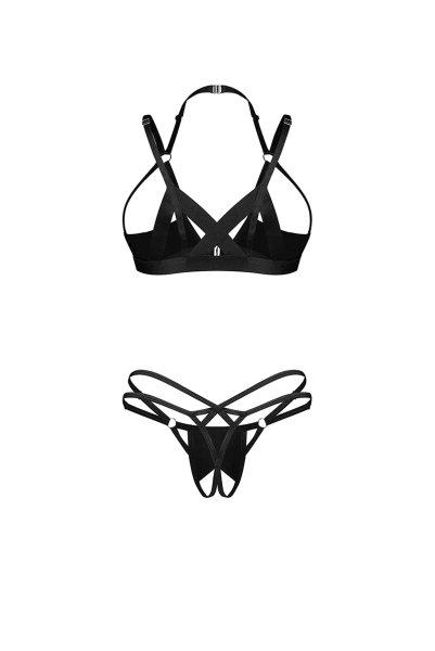 画像2: Keira Lise 2-pcs crotchless set｜ブラ＆クロッチレスタンガ2点セット（ワイヤーなし・オープンバスト・ボンテージ・フェイクレザー・ダブルストラップ・ブラック） | Obsessive 高級Sexyランジェリー【即日発送・サイズ交換NG・メール便対象】輸入下着・ランジェリー   (2)