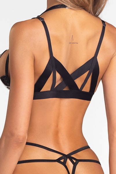 画像6: Keira Lise 2-pcs crotchless set｜ブラ＆クロッチレスタンガ2点セット（ワイヤーなし・オープンバスト・ボンテージ・フェイクレザー・ダブルストラップ・ブラック） | Obsessive 高級Sexyランジェリー【即日発送・サイズ交換NG・メール便対象】輸入下着・ランジェリー   (6)