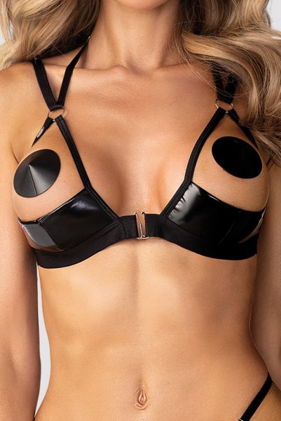 画像7: Keira Lise 2-pcs crotchless set｜ブラ＆クロッチレスタンガ2点セット（ワイヤーなし・オープンバスト・ボンテージ・フェイクレザー・ダブルストラップ・ブラック） | Obsessive 高級Sexyランジェリー【即日発送・サイズ交換NG・メール便対象】輸入下着・ランジェリー   (7)