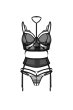 画像1: Premisis Black 3-pcs crotchless set｜ブラ＆チョーカー付きガーターベルト＆クロッチレスタンガ3点セット（ワイヤーあり・シースルー・ブラック） | Obsessive 高級Sexyランジェリー【即日発送・サイズ交換NG・メール便対象】輸入下着・ランジェリー   (1)