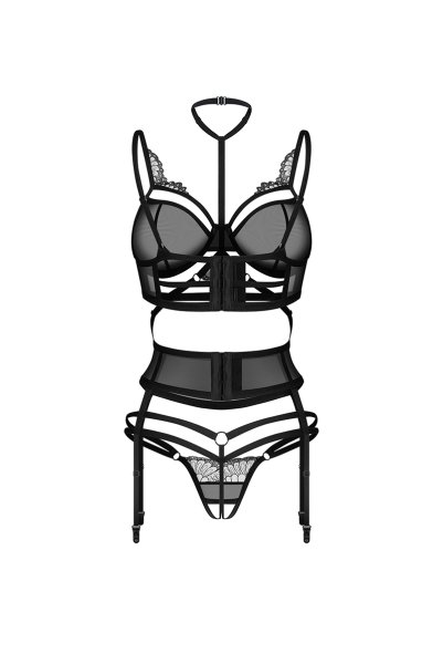 画像2: Premisis Black 3-pcs crotchless set｜ブラ＆チョーカー付きガーターベルト＆クロッチレスタンガ3点セット（ワイヤーあり・シースルー・ブラック） | Obsessive 高級Sexyランジェリー【即日発送・サイズ交換NG・メール便対象】輸入下着・ランジェリー   (2)