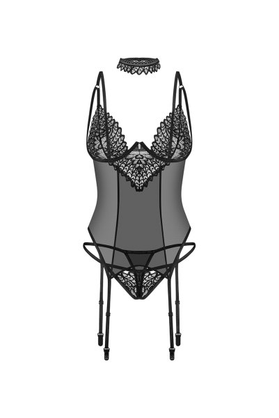 画像1: Donarella corset| ガーターベルト付きコルセット＆タンガ＆チョーカー3点セット（ワイヤーあり・レース・ブラック）   | 高級Sexyランジェリー Obsessive【即日発送・サイズ交換NG・メール便対象】輸入下着・ランジェリー   (1)