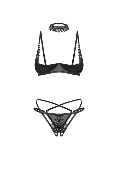 画像1: Donarella 3-pcs crotchless set｜ブラ＆クロッチレスタンガ＆チョーカー3点セット（ワイヤーあり・オープンバスト・レース・ダブルストラップ・ブラック） | Obsessive 高級Sexyランジェリー【即日発送・サイズ交換NG・メール便対象】輸入下着・ランジェリー   (1)