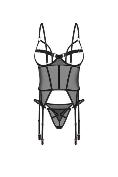 画像1: Euridia corset| ガーターベルト付きコルセット＆タンガ2点セット（ワイヤーあり・ブラック）   | 高級Sexyランジェリー Obsessive【即日発送・サイズ交換NG・メール便対象】輸入下着・ランジェリー   (1)