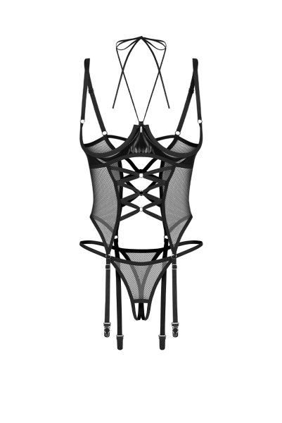 画像1: Dominna corset| ガーターベルト付きコルセット＆クロッチレスタンガ2点セット（ワイヤーあり・ボンテージ・フェイクレザー・ブラック）   | 高級Sexyランジェリー Obsessive【即日発送・サイズ交換NG・メール便対象】輸入下着・ランジェリー   (1)