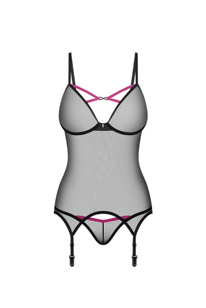 画像1: Novenes corset| ガーターベルト付きコルセット＆タンガ2点セット（ワイヤーあり・ブラック）   | 高級Sexyランジェリー Obsessive【即日発送・サイズ交換NG・メール便対象】輸入下着・ランジェリー   (1)