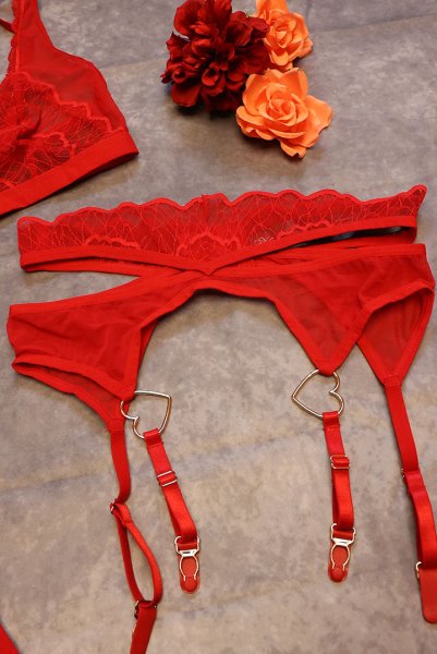 画像25: Cupide-Desir-3-pcs-set｜ブラ＆ガーターベルト＆Tバック3点セット（ワイヤーなし・レース・シースルー・レッド） | Obsessive 高級Sexyランジェリー【即日発送・サイズ交換NG・メール便対象】輸入下着・ランジェリー   (25)