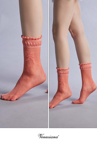画像2: ALICE Socks coral  | ショートストッキング・ドット柄・リボン・コーラル | Veneziana ベネチアナ (2)