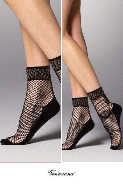 画像2: AYA RETE Socks nero  | ショートストッキング・アニマル柄・網・ブラック×ゴールド | Veneziana ベネチアナ (2)