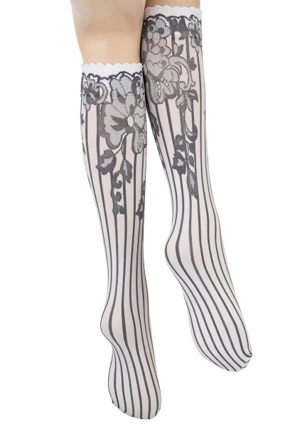 画像6: YVONNE High Socks bianco nero  | ハイソックス・花柄・ストライプ・ホワイト×ブラック | Veneziana ベネチアナ (6)