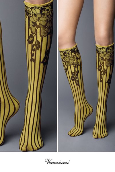 画像2: YVONNE High Socks limone nero  | ハイソックス・花柄・ストライプ・イエロー×ブラック | Veneziana ベネチアナ (2)