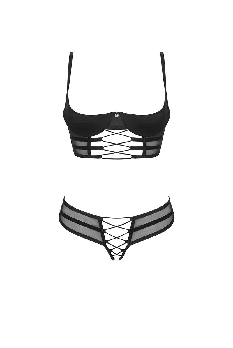 Roxelia 2 pcs crotchless set | トップレスブラ&クロッチレスタンガ 2点セット（オープンバスト・オープンクロッチ・ワイヤー入り・シースルー・ブラック）| Obsessive 高級Sexyランジェリー輸入下着・ランジェリー 